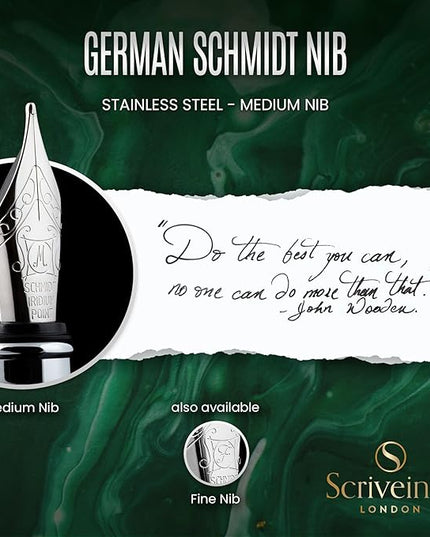 Scriveiner British Racing Green Fountain Pen - Stunning Luxury Pen with Chrome Finish, Schmidt Nib (Medium), Best Pen Gift Set for Men & Women, Professional, Executive, Office, Nice Pens