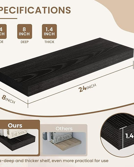 Dreamland 24 Inches Floating Shelves for Wall, 8" Deep Long Floating Shelves Set of 2, Large Display & Storage Shelf, Wall Shelf for Bathroom Bedroom Living Room Kitchen Office, Black