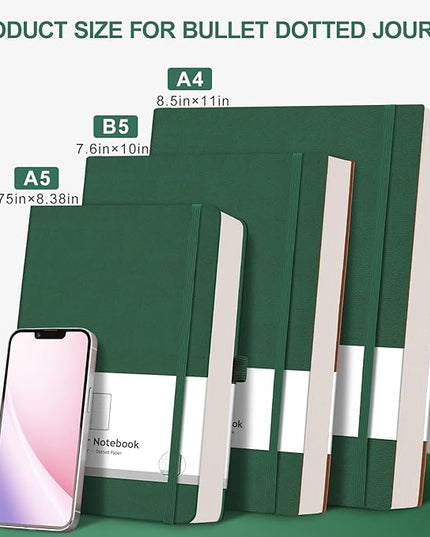 AHGXG Bullet Dotted Journal - 320 Pages Dot Grid Notebook B5 Large Journal, 100gsm Thick Dotted Paper, Leather Softcover, with Journal Stencils, Inner Pocket, 7.6'' X 10'' - Green