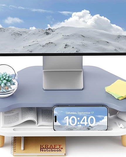 Monitor Stand Riser,2 Tier Corner Wood Monitor Stand Sturdy Computer Stand Multi-Purpose Desktop Storage Stand for Laptop,PC,iMac,Printer,Computer,Blue