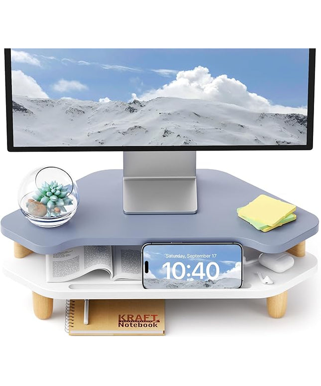 Monitor Stand Riser,2 Tier Corner Wood Monitor Stand Sturdy Computer Stand Multi-Purpose Desktop Storage Stand for Laptop,PC,iMac,Printer,Computer,Blue