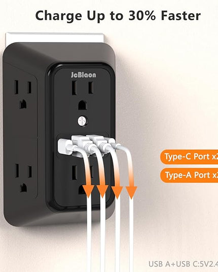 USB Wall Charger Power Strip Surge Protector with 4 USB Ports (2 USB C) Plug Extension Multiple Outlets Plug Extension Multi Outlet Plug in Adapter Spaced Outlets for Home Office Travel,White (Black)