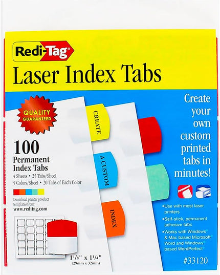 Redi-Tag Laser Index Tabs, Divider Tabs, Permanent Adhesive Indexes, Customizable Divider Labels, 1-1/8" x 1-1/4", Assorted Colors, 100 Tabs (B33120)