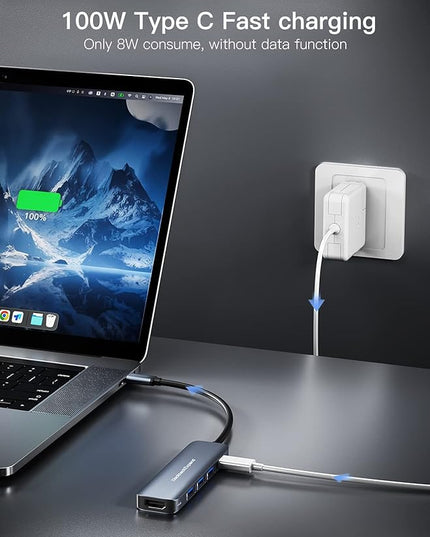 USB C HUB, DockteckExpand USB-C Multiport Adapter 5 in 1 with 4K HDMI, 100W Power Delivery, 3 USB 3.0 Data Ports for MacBook Pro/Air, iPad Pro/Air/Mini 6 and More