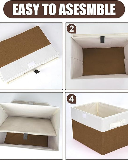 Large 22 Quart Linen Fabric Foldable Storage Bin Cube Organizer Basket with Flip-Top Lid & Handles, Clothes Blanket Box for Home, Office, Closet, Brown & White, 4 Pack 14.6 x 9.5 x 9.5