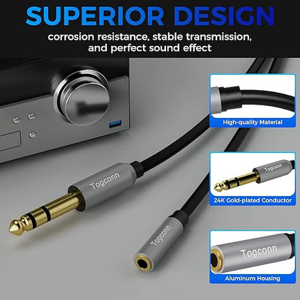 Togconn 6.35mm to 3.5mm Stereo Audio Cable Adapter 6 Feet, 6.35mm 1/4 Inch TRS Male to 3.5mm 1/8 Inch Female Stereo Audio Converter Connector for Phone, Laptop, Headphone, Amplifier, Guitar, Speaker