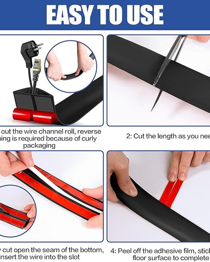 Floor Cord Cover Cavity 0.8"x0.37" Self Adhesive Cord Hider, 10FT Low Profile Cable Management, Extension Strip Protector for Wires, Prevent Cable Trips for Offices, Gyms, Exhibitions（Black）