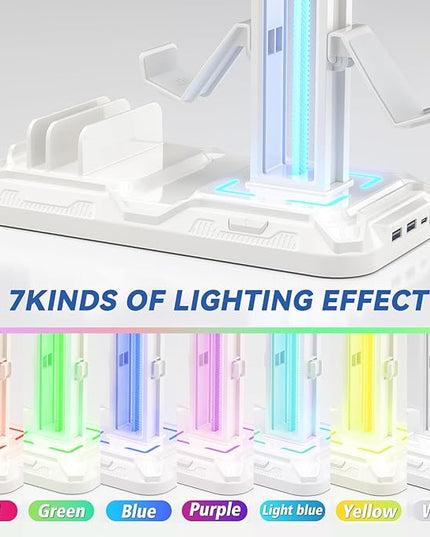 KDD Headset Stand with Charging Station - Detachable Controller Holder with 9 Light Modes - Rotatable Headphone Hanger with USB A&C Charger Ports - Earphone Hook for PC Gaming Accessories Storage