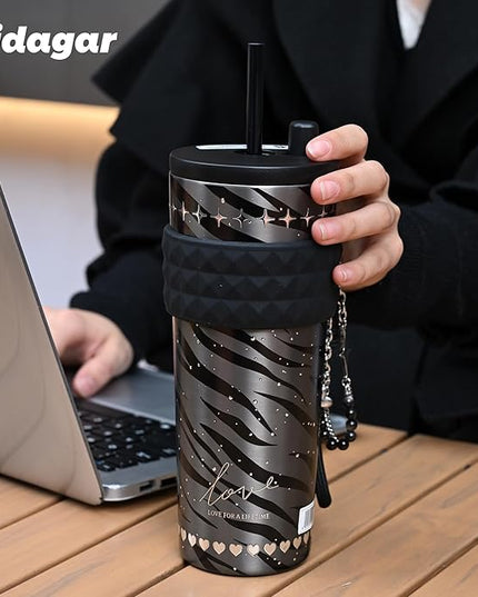 24 oz Stainless Steel Tumbler with Lid and Straw, Insulated Coffee Mug, Leak Proof, Portable Iced Travel Water Bottle, Reusable Thermal Coffee Cup Gift for Women, Black