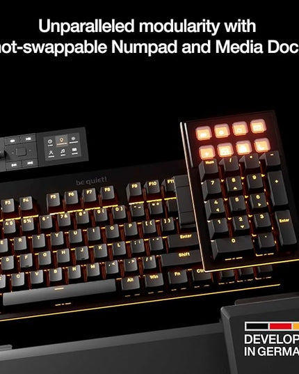 be quiet! Dark Mount Mechanical Keyboard | Tactile | Hot-Swappable Lubricated Silent Switches | Detachable Numpad and Media Dock | Programmable ARGB Keys | Quality PBT Double Shot Keycaps | BT002US