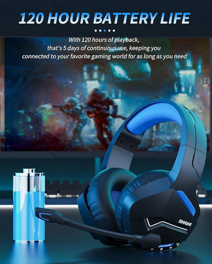 BINNUNE 2.4GHz Wireless Gaming Headset, Bluetooth 5.3 Gaming Headphones with Noise Canceling Mic, 120H Ultra-Long Battery, 50mm Drivers, Multi-Platform for PC / PS5 /PS4/ Switch/Mobile, Blue