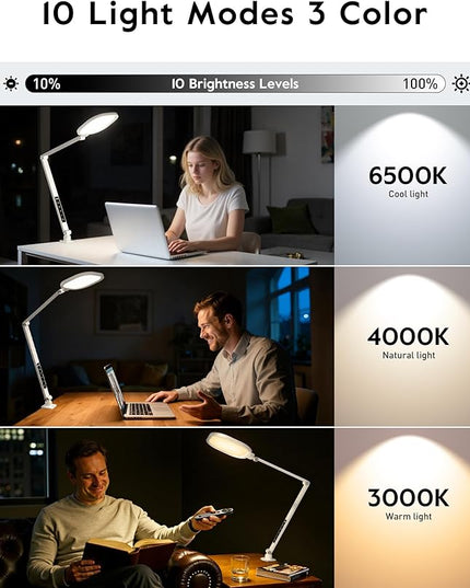 Led Desk Lamp with Clamp, 1200LM Dimmable Home Office Desktop Light, 3000k-6500k Adjustable Swing Arm Ring Light for Video Conference, Study, Reading, Zoom Calls, Streaming (White)