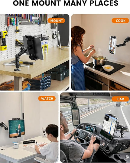 OHLPRO Heavy Duty Drill Base Tablet Holder for Car Dashboard, 360° Rotating Adjustable Arm, iPad Mount for Truck Fits 5–17 Inch Tablets, Secure Rubber-Padded Clamp for Commercial Vehicles & Wall