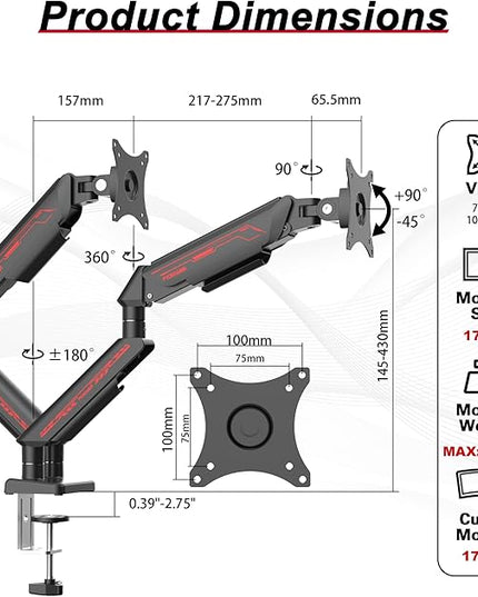 Dual Monitor Arm for 17-35" Screens up to 24.2 lbs, Ergonomic Gas Spring Monitor Stand with Height Adjust, Tilt, Swivel & Cable Management, VESA Desk Mount with 2 Types of Installation, Black