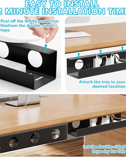 Self-Adhesive Under Desk Cable Management Tray 2 Pcs Steel Under Desk Wires Organizer Power Strip Management No Drill Under Table Organizer for Cable Storage Holder for Office Home Table