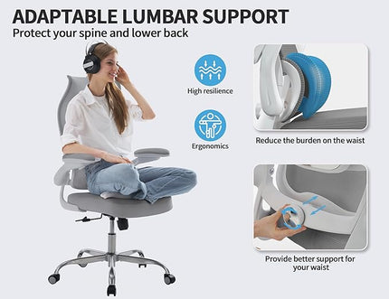 TRALT Ergonomic Office Chair - Desk Chair with Wave High Back Adjustable Lumbar Support Computer Chair - Gaming Chairs Mesh Backrest and PU Leather Seat for Home Reading Chairs to Adults(Grey)