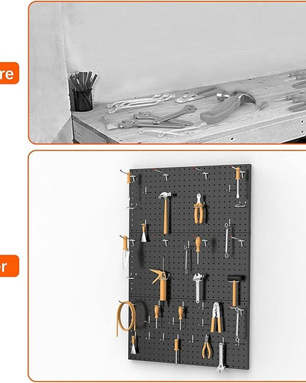 TORACK 3 PCS Metal Pegboard Panels for Wall Garage Utility Tools Storage Pegboard for Workbench, Shop, Modular Peg Board Tool Organizer Boards(Pack of 3, Black)