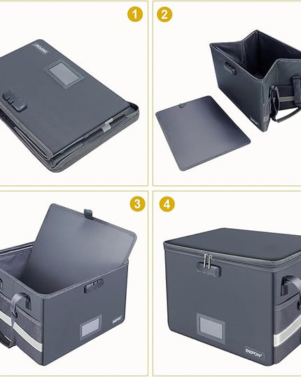 ENGPOW File Box with Lock, Fireproof Document Box with Pockets, Collapsible File Organizer Filing Storage Cabinet with Handle, Portable Home Office Safe for Hanging Letter/Legal Folders,Gray,2 Pack