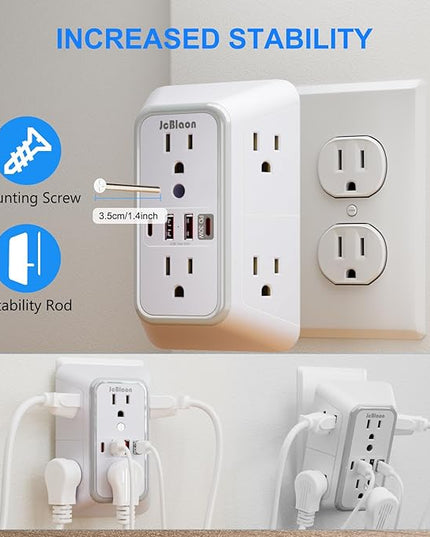 JcBlaon Surge Protector Outlet Extender 6 Outlet Extender with 4 USB Ports (PD 30W), 3 Sided 1050J Multi Plug Wall Adapter Power Strip for Home Travel Office Essentials