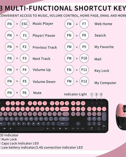 Wireless Keyboard and Mouse, MOFII 104 Round Keycaps Retro Typewriter with OTG & Brush, Full-Size Ergonomic, Ideal for Windows PC, Home, Office and College Peach Pink