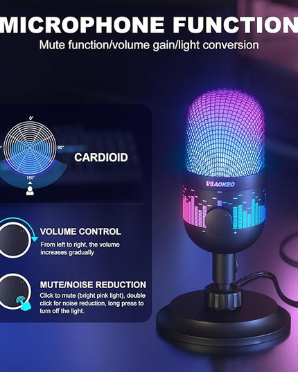 Aokeo USB Gaming Microphone, Condenser Microphone for PC/MAC/PS4/PS5/Phone-Cardioid Mic with RGB Lighting