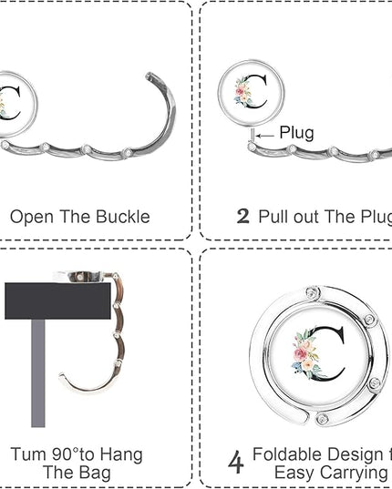Iqimott 3pcs Personalized Initial Foldable Purse Hook for Table, Flower Letter Folding Handbag Hanger Portable Magnet Table Hook Holder, Collection Desk Purse Hooks for Women Bag (Black-C)