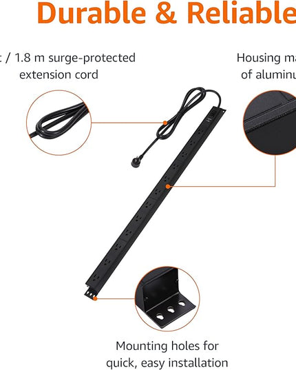 Amazon Basics Surge Protector Power Strip, 12-Outlet, Heavy Duty, Metal, 600 Joules, 6ft Extension Cord, Wide Spaced, Mountable, Black
