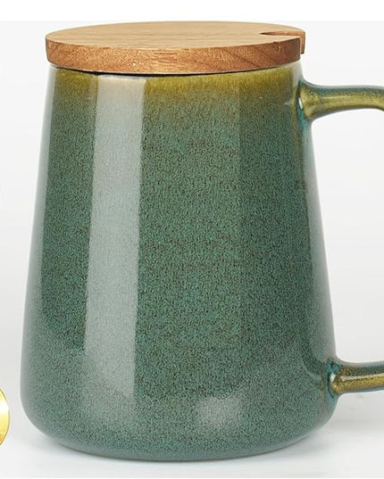 HYTYSKAR 24 OZ Extra Large Ceramic Coffee Mug, with Spoon and Wooden Lid, Big Tea Cups with a Large Handle for Office and Home, Microwave and Dishwasher Safe (24 oz Green Set)