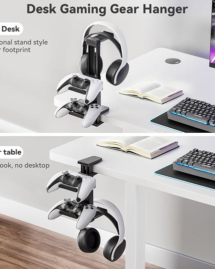 Controller Holder & Headphone Stand Under Desk with Adjustable Clamp, Controller Stand & Headset hanger for Desk Mount with 360° Rotating Hook & Cable Organizer 3-in-1 Game Organizer, PC Game Headsets