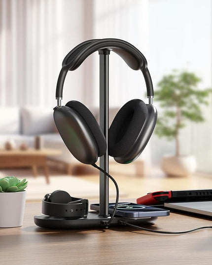 HiWe Universal Headphone Stand, Magnetic Wireless Charger for iPhones/AirPods/iWatch, Aluminum Alloy Rod, Leather Pad, ABS Solid Base, Black