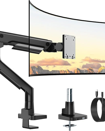 monTEK Sleek Aluminum Monitor Arm for 17–57” Ultrawide Screens up to 59.4 lbs, USB 3.0 A/C, Heavy Duty Single Monitor Arm Desk Mount, Pneumatic Lift, Quick-Release Plate, Clamp/Grommet, VESA 100x100