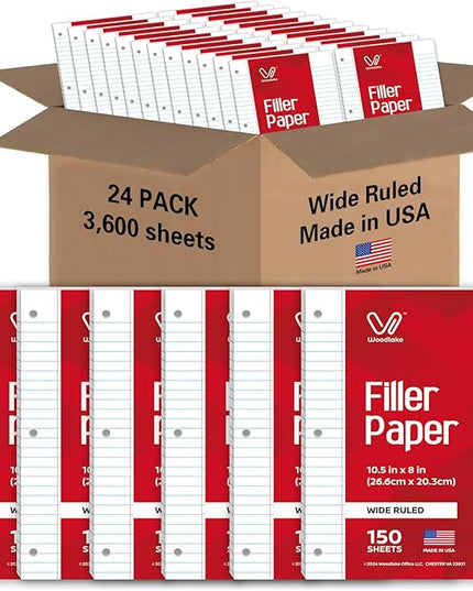 Woodlake Loose Leaf Paper, Wide Ruled Notebook Paper Bulk, 8 x 10.5”, 150 Sheets per Pack, 24 Pack, 3600 Sheets, Lined Filler Paper, 3 Hole Punched, 60gsm, Made in USA