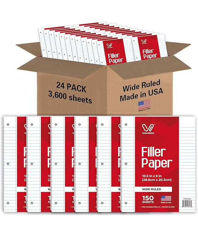 Woodlake Loose Leaf Paper, Wide Ruled Notebook Paper Bulk, 8 x 10.5”, 150 Sheets per Pack, 24 Pack, 3600 Sheets, Lined Filler Paper, 3 Hole Punched, 60gsm, Made in USA