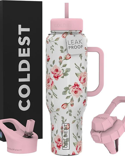Coldest Tumbler with Handle and Straw - 100% Leak Proof Insulated Tumbler with Lid and Straw (3 Lids) - Stainless Steel Tumblers for Women & Men - Cup Holder Friendly Base, 46 oz (Pink Petals)