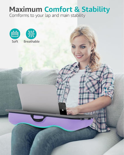 Istudyniture Lap Desk | Portable Laptop Desk & Stand – Fits Up to 17 inch – Washable Cushion, Built-in Phone Holder – for Bed, Couch, Sofa, Floor – Writing, Reading, Home Office – Large, Purple
