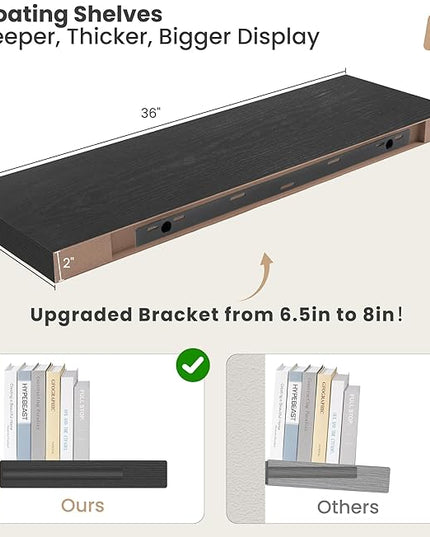 Heimlove 12" Deep Floating Shelves, 36 x 12 Inch Wall Mounted Long Floating Shelf with Invisible Brackets, for Home Decor, Bedroom, Kitchen, Living Room, Bathroom - 2 Pack, Black