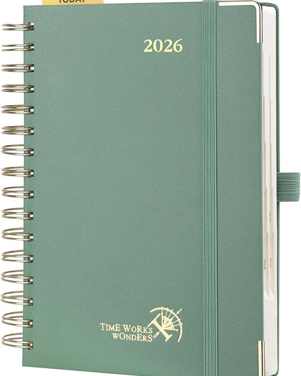 POPRUN 2026 Daily Planner One Page A Day - [8.5" x 5.75" Wire-Bound Hard Cover] Agenda 2026 Hourly Appointment Book with Monthly Calendar, Inner Pocket, Ivory Paper - Midnight Green