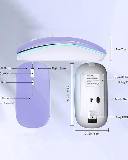 Wireless Bluetooth Mouse Rechargeable Laptop Mice with LED Lights Silent Slim Use(BT5.2 and 2.4G Portable USB Receiver)Dual Mode Computer Mouse for Laptop/iPad/Tablet/Apple/Computer/Mac(Purple)