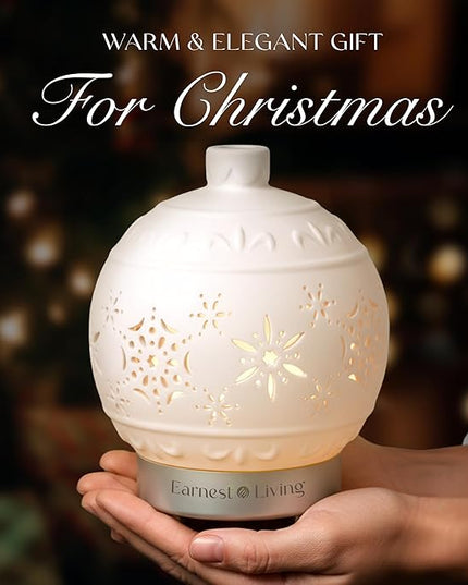 Earnest Living Christmas Ball Essential Oil Diffuser White Ceramic 100 ml Diffuser Home Décor, 7 Color Lights, Timers, Auto Off Cool Mist Humidifier Aromatherapy Diffuser
