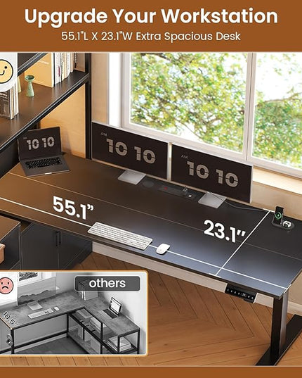 SEDETA 56.7" L Shaped Standing Desk, Reversible Computer Office Desk with Drawers & Hutch, Stand Up Corner Gaming Desks with LED Lights & Power Outlets for Home Office, Black