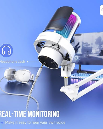 FIFINE Gaming PC USB Microphone Kit, Condenser RGB Mic with Metal Boom Arm, Mute, Gain Knob, Headphones Monitoring, Streaming Microphone Bundle for PS4/PS5, YouTube, Discord, Twitch-A8T White
