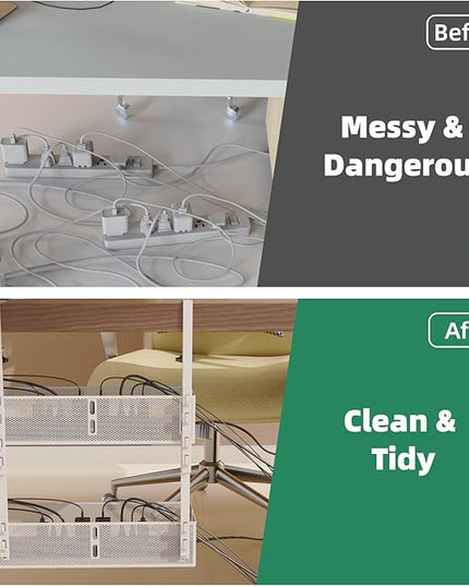 Multi-Model Under Desk Cable Management 2 Pack Metal Under Desk Wire Management Tray Clamp Mount Under Table Cord Management No Damage The Desk White