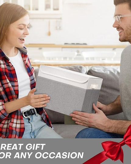 Large 22 Quart Linen Fabric Foldable Storage Bin Cube Organizer Basket with Flip-Top Lid & Handles, Clothes Blanket Box for Home, Office, Closet, Gray & White, 4 Pack 14.6 x 9.5 x 9.5”