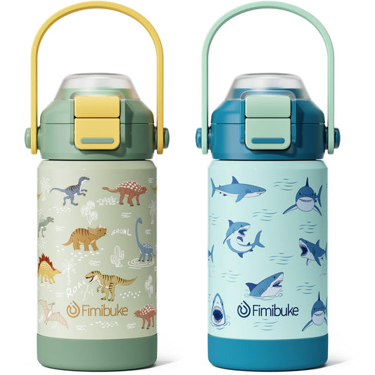 Fimibuke 14oz Kids Insulated Water Bottle with 2-in-1 Straw & Spout Lid