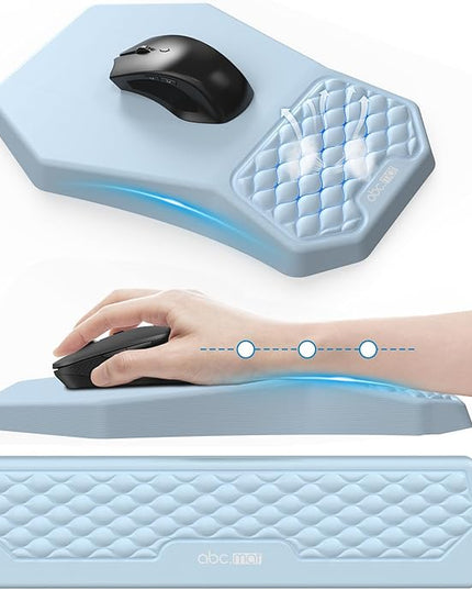 Ergonomic Mouse Pad and Keyboard Wrist Rest Support Set, Massage Design Mousepad for Carpal Tunnel Pain Relief, Memory Foam, Non-Slip PU Base for Computer Desk, Baby Blue
