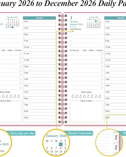 Daily Planner 2026 Full Page Per Day- 2026 Daily & Monthly Planner from January 2026 to December 2026, Day Planner 2026 with 12 Months Tabs, 6.4" x 8,5", Pink