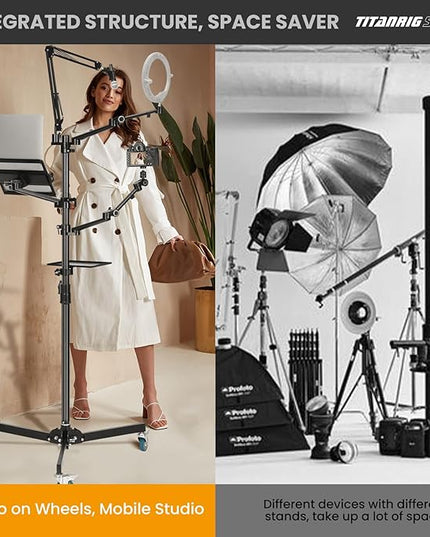 TARION Live Streaming Stand with Wheels - 61"/155cm 5-in-1 Stream Stand Equipment Kit: 1 Mic Boom + 3 Articulated Arms + 1 Projector Holder, Adjustable Heavy-duty Floor Live Tree Stand Setup TitanRig