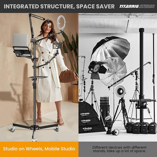 TARION Live Streaming Stand with Wheels - 61"/155cm 5-in-1 Stream Stand Equipment Kit: 1 Mic Boom + 3 Articulated Arms + 1 Projector Holder, Adjustable Heavy-duty Floor Live Tree Stand Setup TitanRig