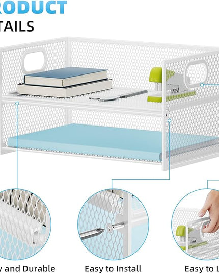 Marbrasse 2 Tier Paper Organizer Letter Tray, Mesh File Organizer with Handle, Paper Sorter Desk Organizer for Home Office Supplies - 2P White