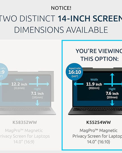 Kensington MagPro™ Magnetic Laptop Privacy Screen 14 inch, Removable 16:10 Laptop Privacy Filter, Anti-Glare, Blue Ray Reduction, Compatible with HP/Dell/Acer/Asus/Samsung/Lenovo (K55254WW)